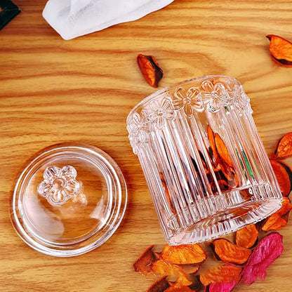 Decorative Glass Jar with Lid, Clear Apothecary Jar Crystal Canister Jar Bathroom Vanity Organizer for Cotton Ball & Swab, Cotton Pads, Hair Band, Jewelry, Tea and Candy Storage