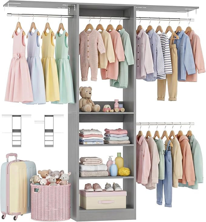 iSunirm 48" Small Closet System, Space-Saving Wall-Mounted Wardrobe Organizer, Mini Garment Rack for Narrow Spaces, Morning Outfit Prep Station & Nursery Dress-up Storage,Grey
