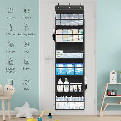 Over Door Organizer with 6 Extra Large Pockets and 12 Side Pockets, Large Capacity Hanging Storage Organizer with Clear Window for Shoes, Diapers, Black, 6 Layers, 1-Pack