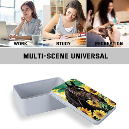 Metal Tin Box with Lid for Game Cards Home Organizer Candles Keys Crafts Storage - Equipped with 4 Magnetic Cord Clips，Horses and Sunflowers