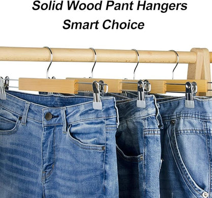 Wooden Pants Hangers 12Packs, Skirt Hangers with Adjustable Clips, Non Slip Wood Clothes Hangers with Clips, Space Saving Hangers for Pants Skirts Trousers Slacks Jeans