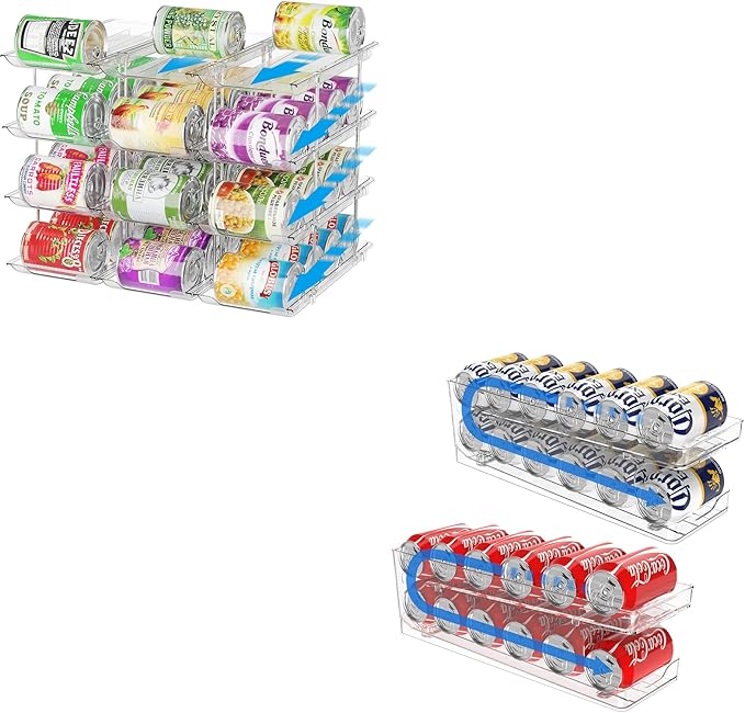 Can Organizer for Pantry Stackable AND Rolling Soda Can Dispenser for Refrigerator Soda Can Organizer