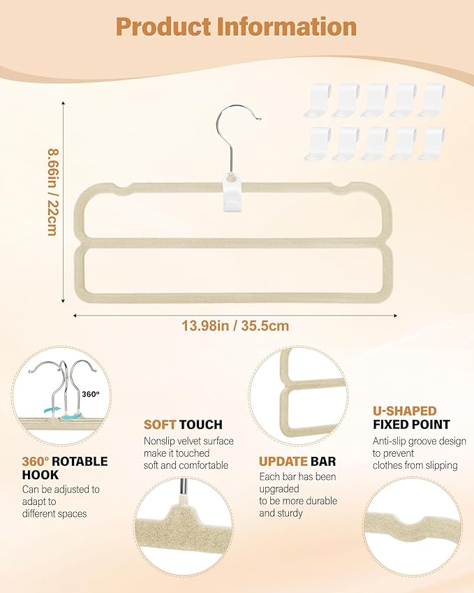 Velvet Pant Hangers, Felt Trouser Hangers for Women and Men, Heavy Duty, Space Saving, 13.77"(L) Slim Double Non-Slip Hanger, 360° Swivel Multiple Flocked Jean Hangers for Adult Teen 10 Pack (Beige)