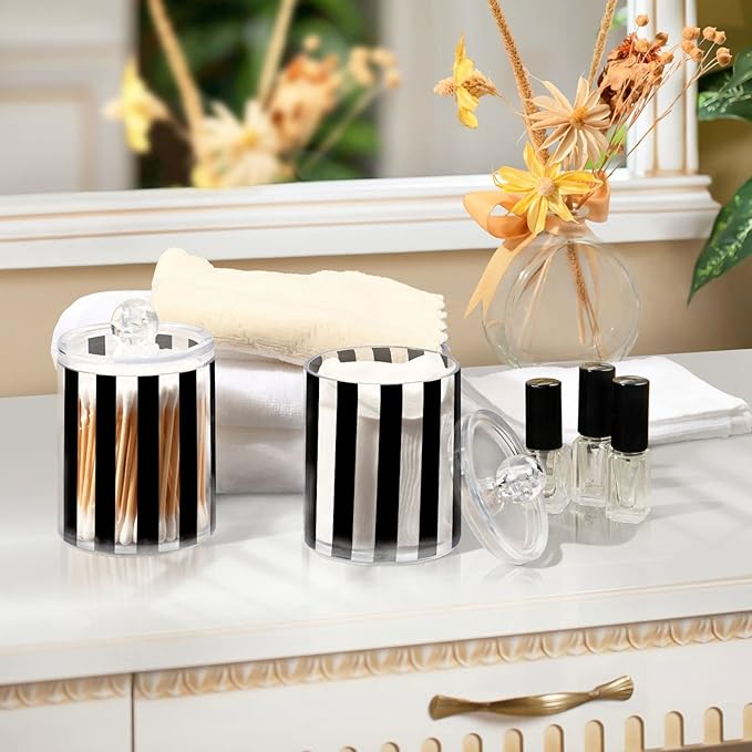 4 Pack Qtip Dispenser Apothecary Jars Bathroom Organizer, White and Black Striped Qtip Holder Storage Canister Plastic Acrylic Jar for Cotton Ball/Swab/Rounds