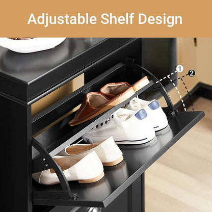 SoBuy Small Shoe Cabinet, Slim Shoe Rack 2 Flip-Drawers, Thin Shoe Storage Cupboard Organizer Unit for Entryway and Hallway, Black FSR78-SCH