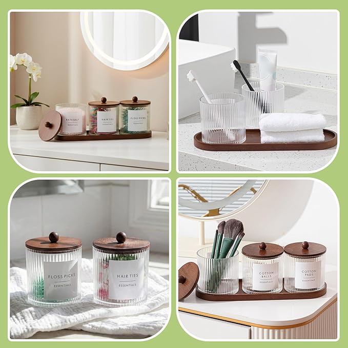 Vesici 6 Pack Bathroom Canisters Ribbed Apothecary Jars with Bamboo Lids 2 Bamboo Trays and 9 Label Stickers Cotton Swabs Holder Bathroom Organizer Storage Set Acrylic 18 oz Dispenser Container(Brown)