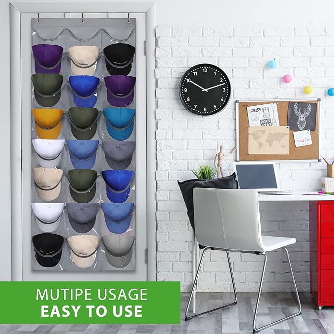 Dofilachy Hat Rack - Hat Organizer - Hat Racks for Baseball Caps, Visible Hat Holder - Baseball Rack for Wall Door with 3 Hooks, 24 Deep Pockets