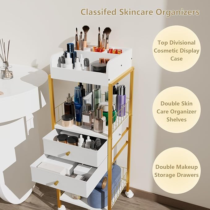 Makeup Organizer Cart Shelf Floor Skincare Organizers Make Up and Station Storage Cabinet For Vanity Standing Cosmetics With Drawers and Wheels For Nail Polish Perfume Hair Tool Holder Beauty(Gold)