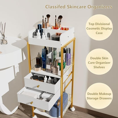 Makeup Organizer Cart Shelf Floor Skincare Organizers Make Up and Station Storage Cabinet For Vanity Standing Cosmetics With Drawers and Wheels For Nail Polish Perfume Hair Tool Holder Beauty(Gold)