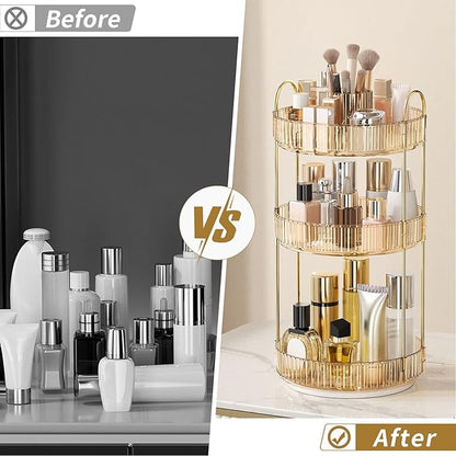 360° Rotating Makeup Organizer, Large-Capacity Skincare Make Up Storage 3 Tier Perfume Organizers Cosmetic Dresser Organizer with Makeup Brush Holder, Fits Bedroom, Bathroom, Vanity Shelf Countertop