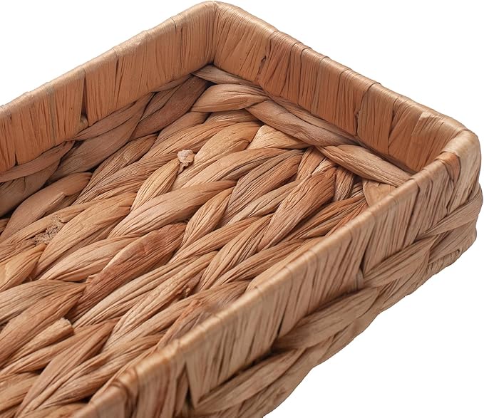 Woven Bathroom Vanity Tray for Storage Water Hyacinth Back of Toilet Basket Long Narrow Guest Towel Holder (Natural 10.2 x 4.9 x 1.8 inch)