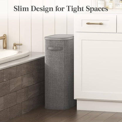 Lifewit Slim Laundry Basket with Lid, Narrow Large Laundry Hamper with Plastic Handles and Removable Bag, Tall Foldable Dirty Clothes Hampers for Laundry Room, Bedroom, Bathroom, Dorm, 65L Gray
