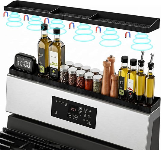 Foeacry 30 Inch Magnetic Stove Top Shelf - Heat Resistant Silicone Over the Stove Shelf Spice Rack, No Drill Easy Clean Kitchen Storage Organizer for Small Kitchen, Fits Gas & Electric Stoves