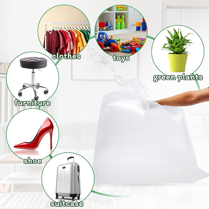 50 Pcs Large Clear Plastic Storage Bags 40 x 60 In Jumbo Plastic Furniture Cover Dustproof Moving Bags Moistureproof Suitcase Storage Bags for Luggage Comforter Chair Bike, 2 Mil, Ribbon Included