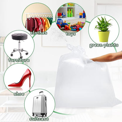 50 Pcs Large Clear Plastic Storage Bags 40 x 60 In Jumbo Plastic Furniture Cover Dustproof Moving Bags Moistureproof Suitcase Storage Bags for Luggage Comforter Chair Bike, 2 Mil, Ribbon Included