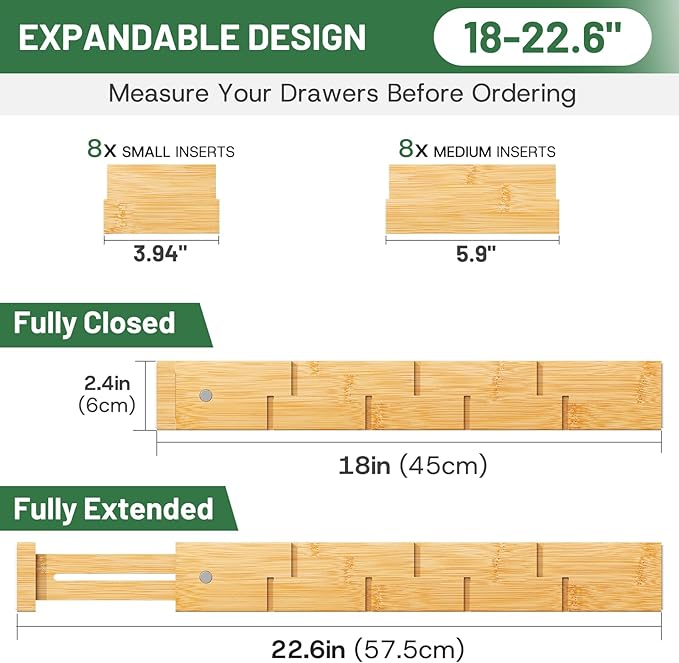 kiplant Bamboo Drawer Dividers - Adjustable Drawer Dividers for Clothes, Kitchen, Closet & Office - 8 Pack with Inserts, 18-22.6 Inches, Non-Slip Silicone Ends