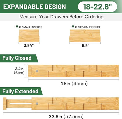 kiplant Bamboo Drawer Dividers - Adjustable Drawer Dividers for Clothes, Kitchen, Closet & Office - 8 Pack with Inserts, 18-22.6 Inches, Non-Slip Silicone Ends