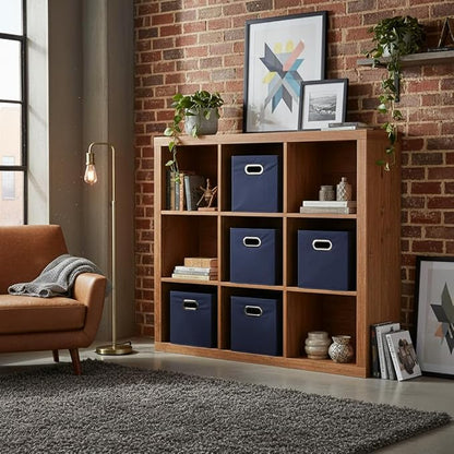 Household Essentials Fabric Storage Bins 6 Piece Set, Strong Poly-Woven Fabric, Sturdy Chipboard Sides, Grommet Front Handle, Stackable and Foldable, Classic Design, Navy