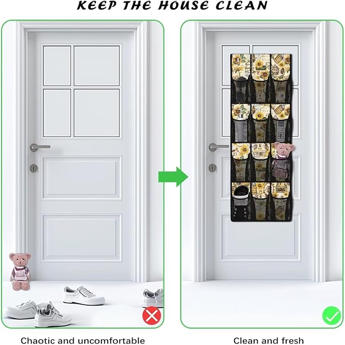 Sunflower Bee Over The Door Hanging Shoe Organizer,Door Back Organizer,Pantry Organizers and Storage,Stable Spice Rack with 12 Mesh Large Pockets for Kitchen,Bathroom