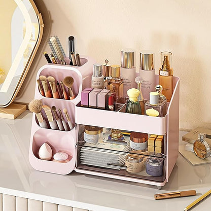 Makeup Organizer Countertop, Spacious Cosmetic Display Case with Makeup Brush Holder, Perfect Vanity Bathroom Organizer and Storage, Pink