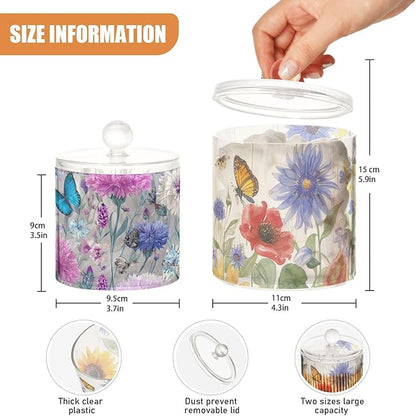 2 Pack Qtip Dispenser Apothecary Jars with Lids Cotton Round Holder Bathroom Canisters for Cotton Swab Floss Ball Pads Clear Plastic Decorative Sunflowers Cornflower Butterfly