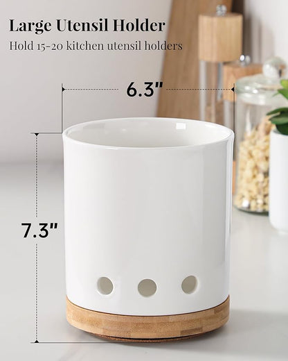 LoeJan 7.3“ 360° Rotating Ceramic Utensil Holder for Kitchen Countertop – Cooking Utensil Crock Organizer with Non-Slip Cork Base for Farmhouse Kitchen Decor, White