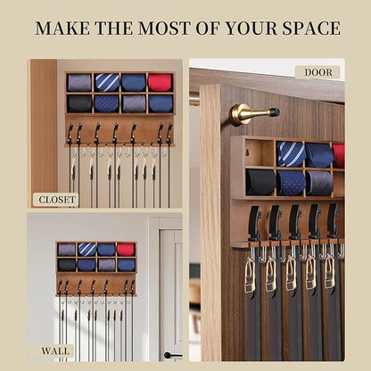 AUTOARK Wall Mounted Tie Rack/Belt Hanger,2-in-1 Wall Mount Organizer,8 Compartment Tie Organizer with Belt Slots & Hooks,Belt & Accessories,8+12+11 Storage,Walnut,AHK-081