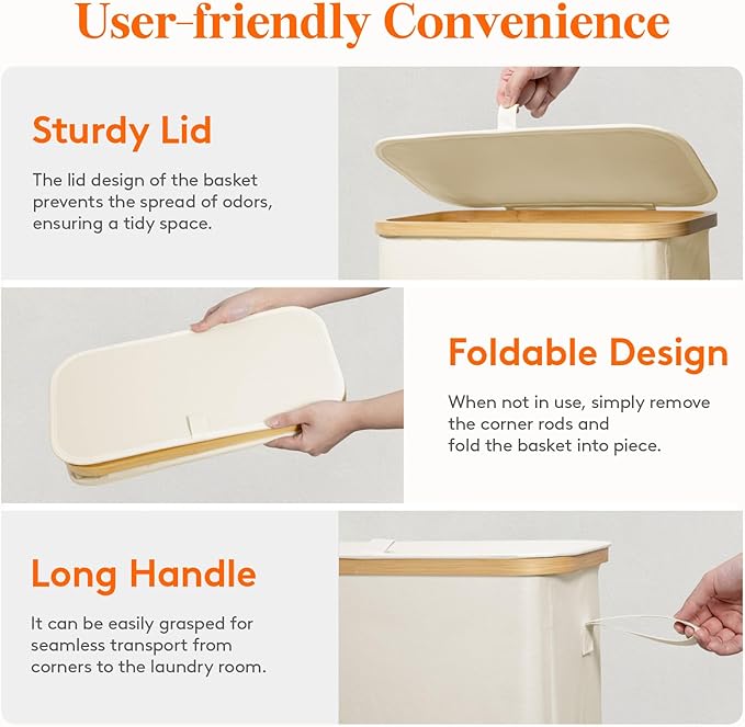 Lifewit 65L Slim Laundry Hamper with Lid, Narrow Laundry Basket with Removable Bag & Bamboo Handles, Fodable Thin Dirty Clothes Hamper for Laundry Collapsible Bin for Bathroom Bedroom Dorm, White