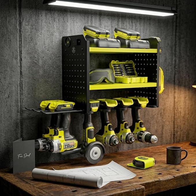 BUILTSTRONG Power Tool Organizer Wall Mount – 3-Tier Heavy-Duty Steel Rack, 6 Drill Slots, Dual Pegboard Sides, Side-by-Side Modular, 100 lb Capacity – Garage & Workshop (Green)