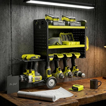 BUILTSTRONG Power Tool Organizer Wall Mount – 3-Tier Heavy-Duty Steel Rack, 6 Drill Slots, Dual Pegboard Sides, Side-by-Side Modular, 100 lb Capacity – Garage & Workshop (Green)