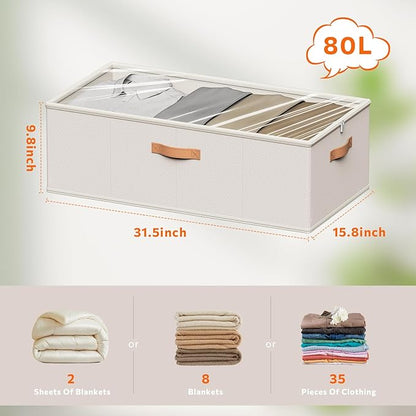 10inch 3 Pack Under Bed Storage Containers, 10 Inch Tall Underbed Clothes Storage Organizer Bin with Clear Window，Foldable Box Basket for Clothes, Closet, Bed Sheets and Blankets White