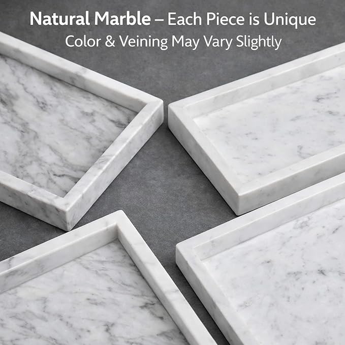 Natural White Marble Tray for Bathroom | Kitchen | Vanity | Desktop, Stone Organizer for Coffee Table, Dresser, Nightstand, Candles, Soap, Towel, Plant, Jewelry (12" x 8"), Rectangular