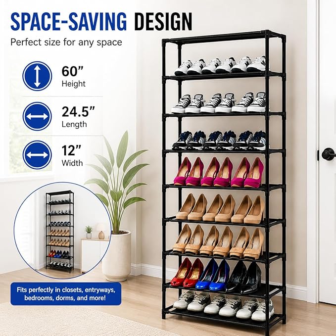 10 Tiers Tall Shoe Rack, 30 Pairs Large Capacity Shoe Organizer, Durable Steel & Non-Woven, Portable with Handle, Easy to Assemble for Closet, Bedroom, Dorm, 24.5 x 12 x 60''