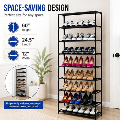 10 Tiers Tall Shoe Rack, 30 Pairs Large Capacity Shoe Organizer, Durable Steel & Non-Woven, Portable with Handle, Easy to Assemble for Closet, Bedroom, Dorm, 24.5 x 12 x 60''