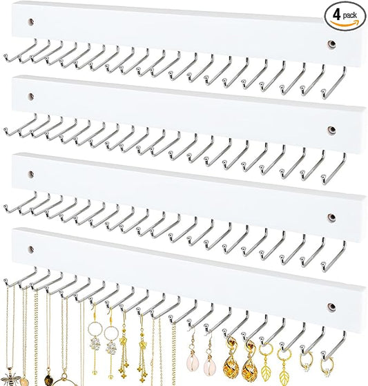 4 Pack Necklace Holder Wall Mount, Hanging Jewelry Organizer with 80 Hooks Total, Space Saving Wooden Necklace Holder for Wall, Necklace Organizer Hanger for Necklaces, Bracelets, Pendant