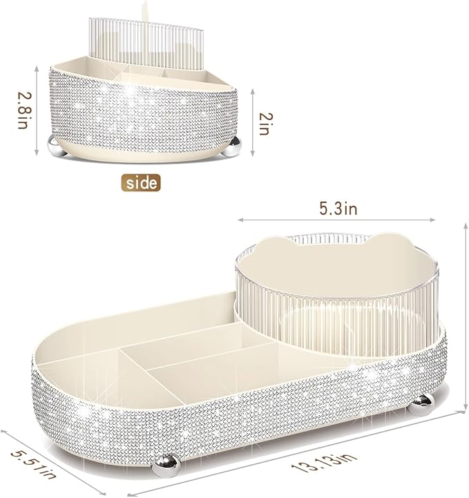 360° Rotate Bling Makeup Organizer for Vanity Cosmetic Countertop Rhinestones Makeup Brush Holder Skincare Organizers Desk Storage Accessories