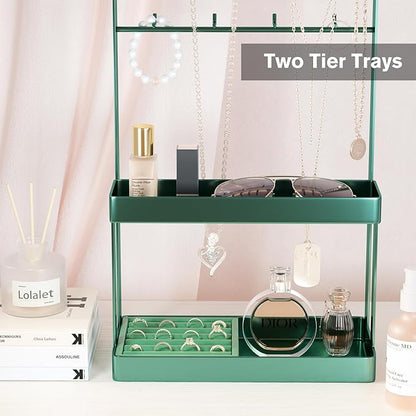 Lolalet 4-Tier Jewelry Organizer Stand with 12 Hooks, Necklace Bracelet Ring & Sunglasses Holder, Cute Metal Jewelry Storage Rack for Vanity, Dresser or Entryway, No Assembly -Green