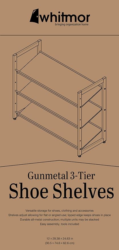 Whitmor Steel Mesh 3-Tier Shoe Rack, Gunmetal Gray