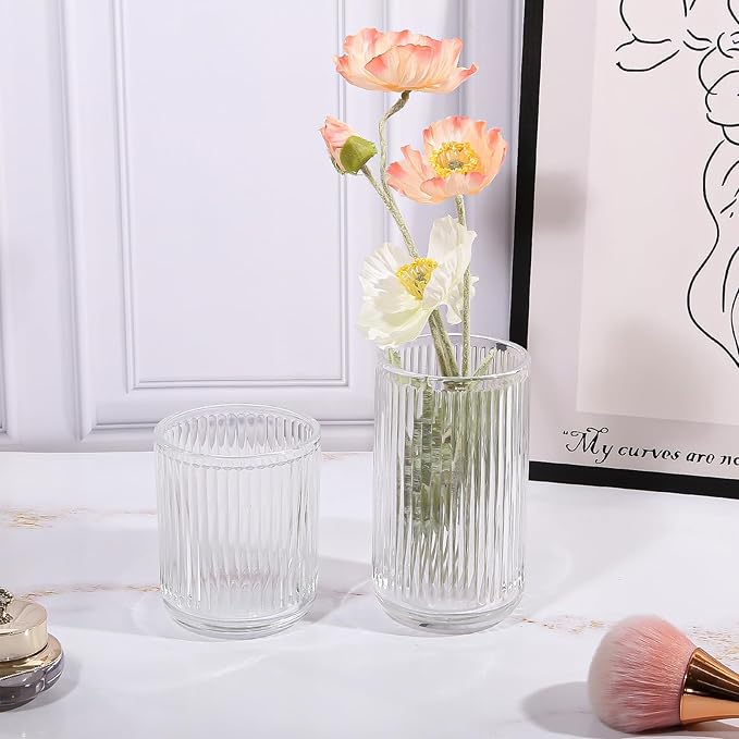 DASITON Makeup Brush Holder Organizer, Crystal Glass Makeup Brushes Storage Holder, Vintage Make Up Brush Cup for Vanity, Pen Pencil Holder for Desk, Toothbrush Holders for Bathroom (Clear S)