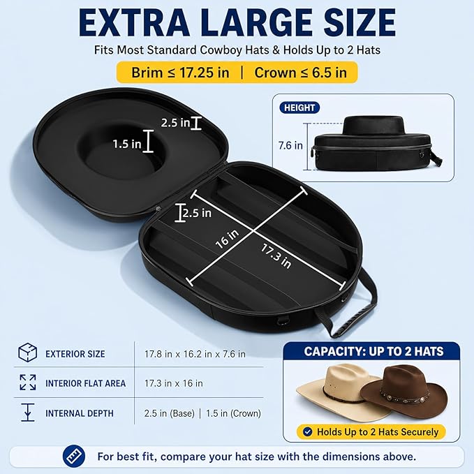 Hat Box for Cowboy Travel Extra Large, Waterproof Hard Hat Travel Case Storage Can for Fedora Panama Tweed Cap Hat Holder Organizer Carrier with Adjustable Carry Strap, Mens Western Gift, Large Black