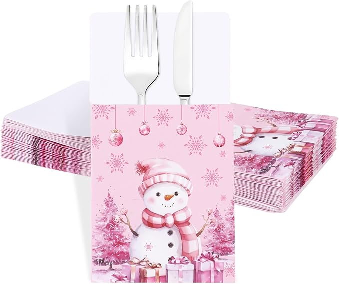 50pcs Winter Christmas Utensil Holder Pockets Pink Flatware Tableware Holder Bags Disposable Knifes Forks Silverware Bags for Christmas Party Table Decor Supplies