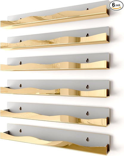 YMVV Wall-Mounted Nail Polish Organizer Rack - 15-Inch Gold Mirror Finish Nail Polish Shelf, Makeup & Beauty Essentials Storage - Multi-Purpose Display Holder for Small Space, Vanity Bathroom, 6 Pack