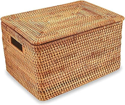Rattan Basket With Lid, Large Lidded Basket For Storage(15.3" L×11.4"W×9.5"H)