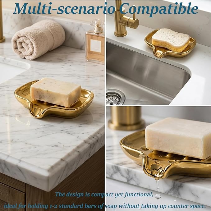 Gold-Plated Ceramic Soap Dish, Self-Draining Bar Soap Holder with U-Shaped Drainage, Decorative Soap Tray for Bathroom Shower & Kitchen Sink