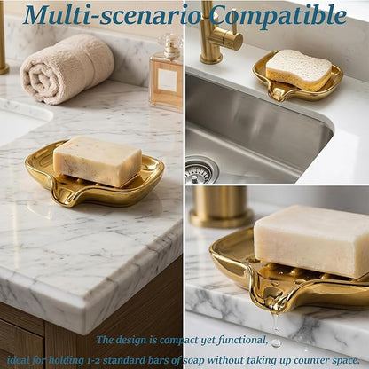Gold-Plated Ceramic Soap Dish, Self-Draining Bar Soap Holder with U-Shaped Drainage, Decorative Soap Tray for Bathroom Shower & Kitchen Sink