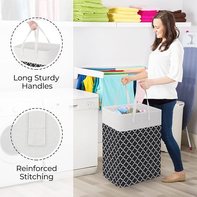 StorageRight Laundry Basket Hamper Large Collapsible Laundry Hamper with Easy Carry Handles，Freestanding Clothes Hampers for Laundry, Bedroom, Dorm, Clothes, Towels, 75L, Clover Black