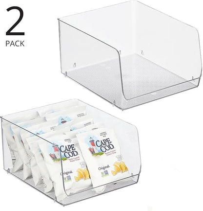 mDesign Wide Stackable Plastic Food Storage Organizer Bin Basket with Open Front for Household Kitchen Cabinets, Pantry, Offices, Closets, Bedrooms, Bathrooms - 10.2" Wide, 2 Pack - Clear