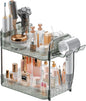 Bathroom Counter Organizer, 2 Tier Makeup Skincare Storage Tray with Hair Dryer Holder and Toothbrush Rack, Perfume Organizer Vanity Shelf for Countertop, Dresser (Transparency Green)