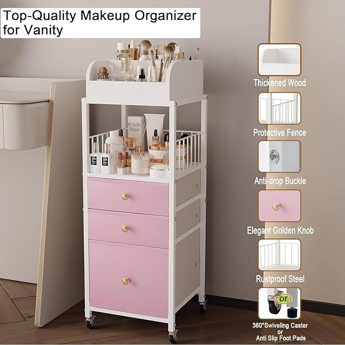Makeup Organizer Cart with Drawers, Make up Organizers for Vanity, Floor Skincare Organizers- for Cosmetics, Nail Polish, Art Supply, Bathroom Vanity Desktop Organizer (White)