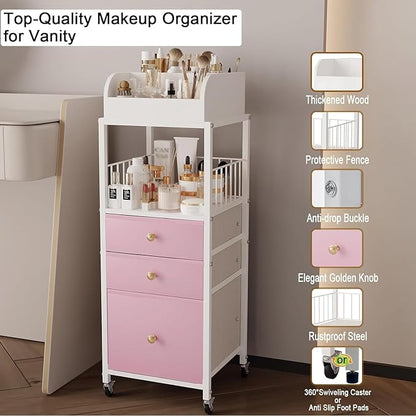 Makeup Organizer Cart with Drawers, Make up Organizers for Vanity, Floor Skincare Organizers- for Cosmetics, Nail Polish, Art Supply, Bathroom Vanity Desktop Organizer (White)